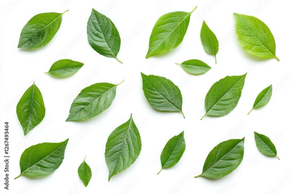 Assorted Green Leaves on a White Background for Natural and Organic Themes Assorted Green Leaves on a White Background for Natural and Organic Themes