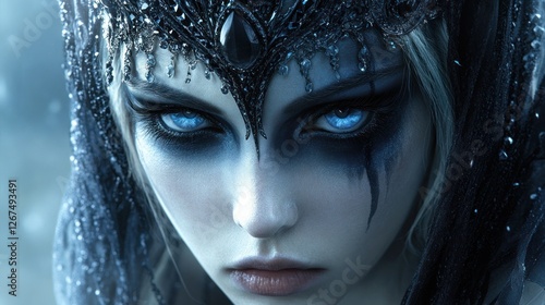 A striking portrait of a model with fantasy makeup and a haunting crown, her dark face art creates a sense of mystery, witchcraft and gothic beauty.