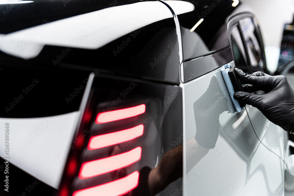 Car wash or detailing studio employee applies ceramic or graphene coating on gray paint for advanced protection and improved shine