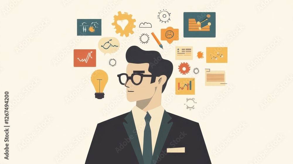 Businessman with Creative Ideas and Analytics Graphics Businessman with Creative Ideas and Analytics Graphics
