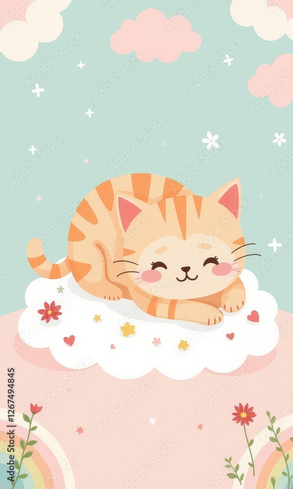 Striped Orange Cat Sleeps on Cloud with Heart Flowers Striped Orange Cat Sleeps on Cloud with Heart Flowers