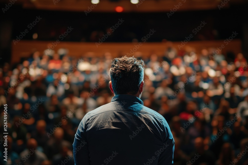 Speaker Addressing Engaged Audience in Modern Auditorium During Exciting Conference Event Speaker Addressing Engaged Audience in Modern Auditorium During Exciting Conference Event