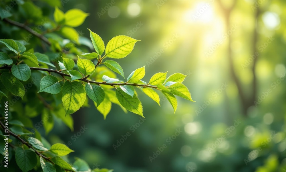 Obraz premium Sunlit Branch: Vibrant Green Leaves in Forest Bokeh