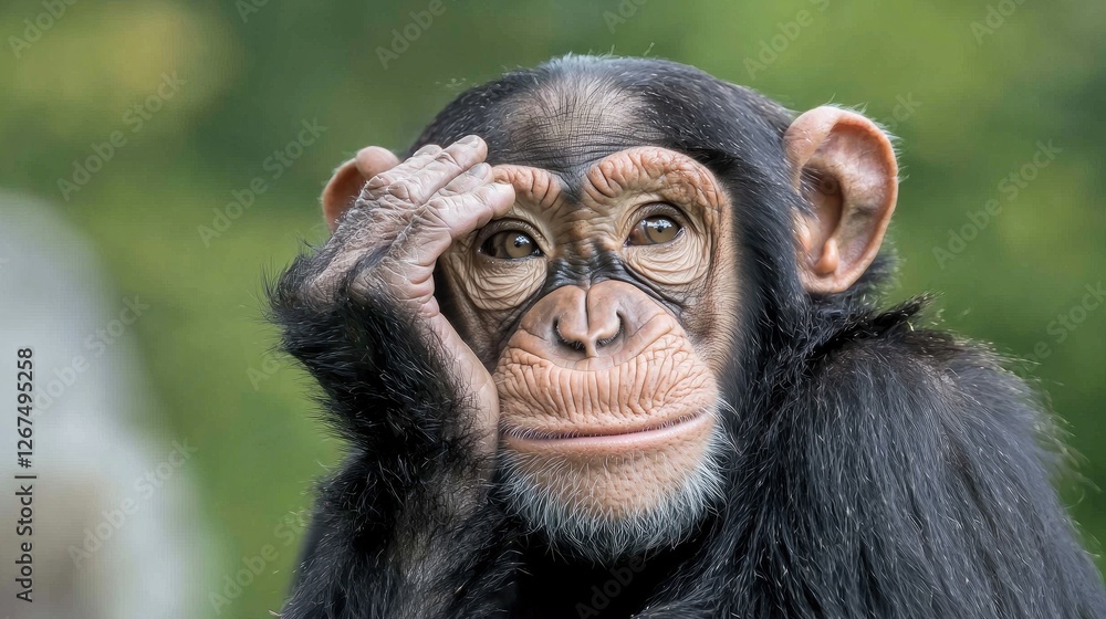 Curious chimpanzee, head in hand, zoo setting, close-up, animal study Curious chimpanzee, head in hand, zoo setting, close-up, animal study