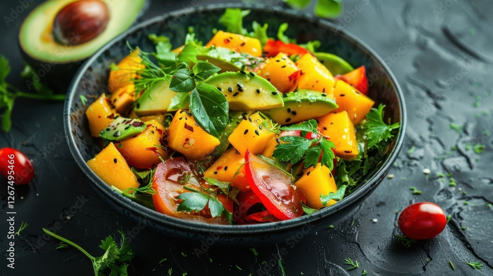 Mango and avocado salad with lime dressing on a dark textured table, flat lay Mango and avocado salad with lime dressing on a dark textured table, flat lay