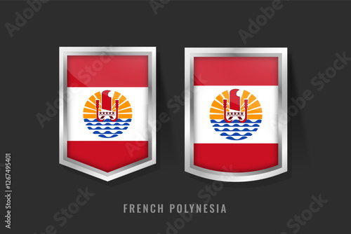 The flag of the French_Polynesia Country with a white cross on a red background and green triangles in the corners