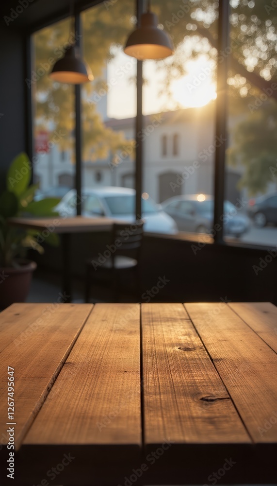 Wooden table in blurred cafe interior with sunlight, empty space for product display, background Wooden table in blurred cafe interior with sunlight, empty space for product display, background