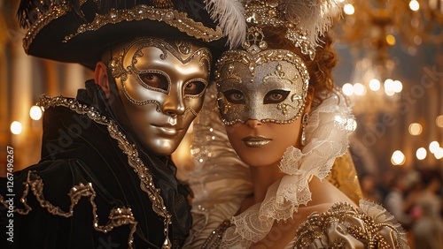 Glamorous Venetian Masquerade Couple in Elaborate Costumes: Golden and Silver Masks with Regal Attire and Intricate Details
