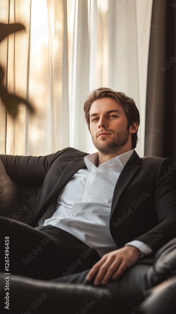 A relaxed caucasian male dressed in formal attire reclines comfortably in a cozy lounge, basking in the warm glow of sunlight streaming through the curtains A relaxed caucasian male dressed in formal attire reclines comfortably in a cozy lounge, basking in the warm glow of sunlight streaming through the curtains