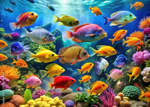 Colorful tropical fish swim in a vibrant reef aquarium; stunning aquatic life photography captures their beauty.