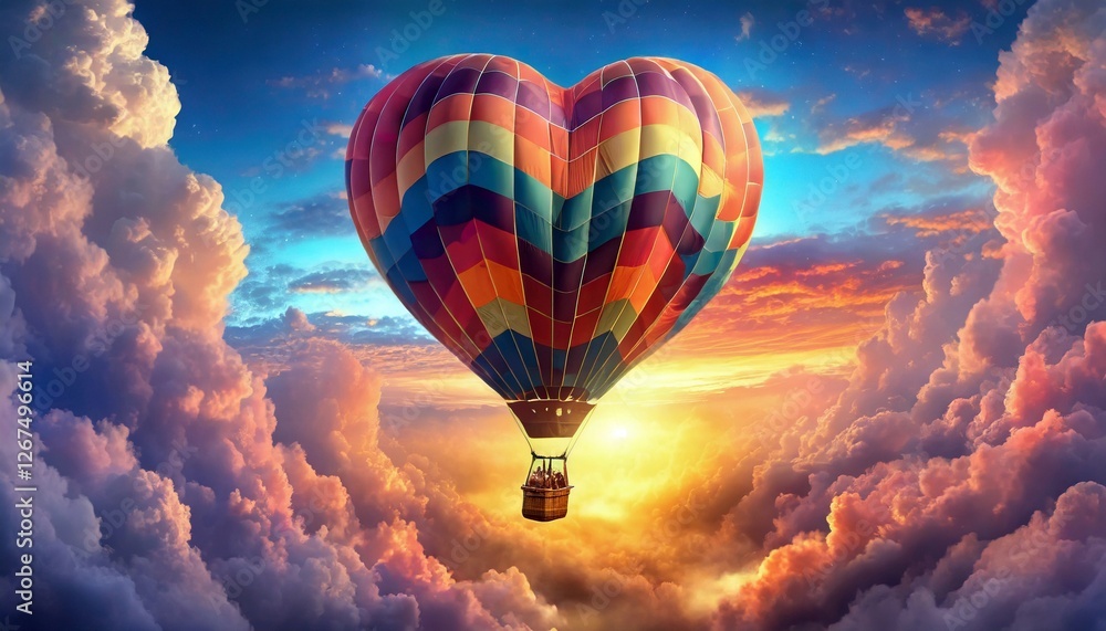 Naklejka premium Heart-shaped flying hot air balloon 