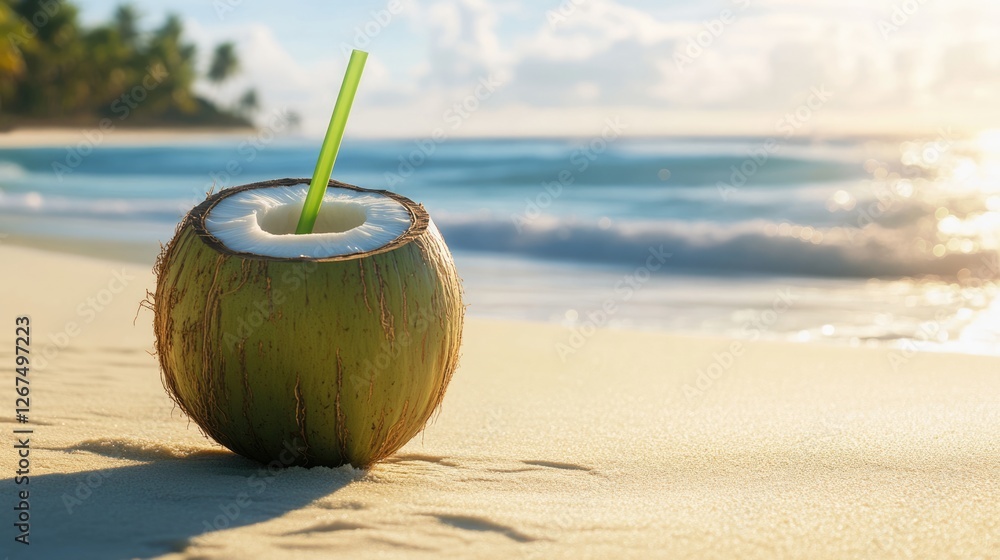 Coconut Drink on a Tropical Beach at Sunrise Coconut Drink on a Tropical Beach at Sunrise
