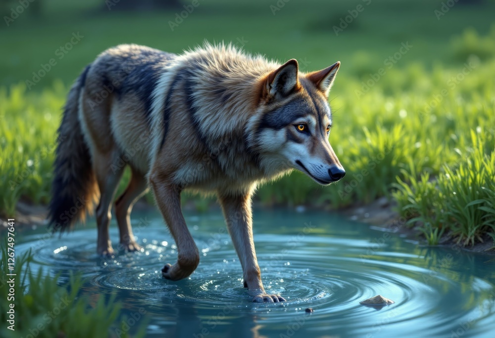 Fototapeta premium Wolf wading through shallow water, golden eyes looking ahead