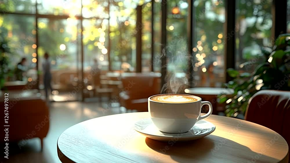 Steaming coffee cup on wooden table in bright modern café with natural sunlight. Seamless looping 4K time-lapse animation video background