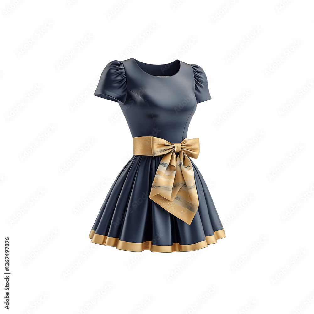 Elegant Navy Blue Dress with Gold Bow - Fashion Design Elegant Navy Blue Dress with Gold Bow - Fashion Design