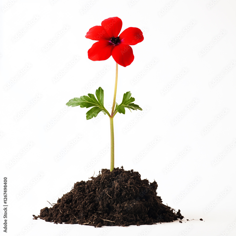 A single red flower growing from the soil, on a white background. A single red flower growing from the soil, on a white background.