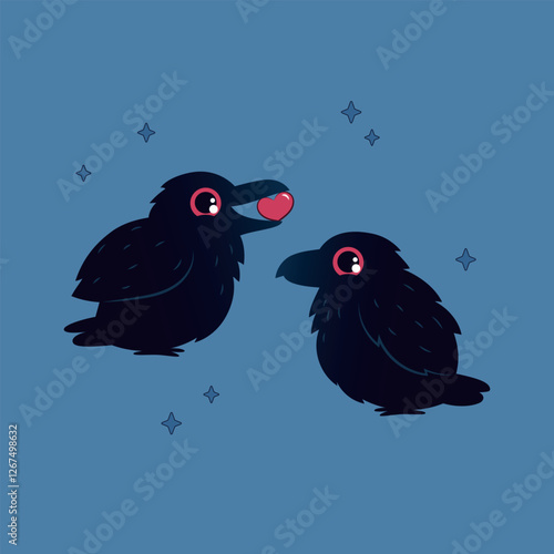 Couple of cute crows with a heart in cartoon style