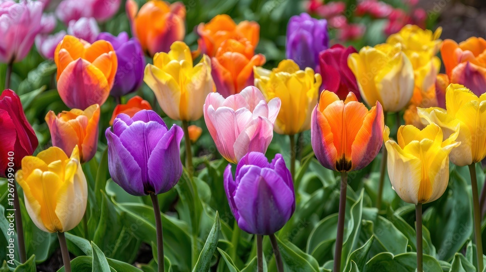 Close-up of vibrant spring flowers with soft petals and green leaves Close-up of vibrant spring flowers with soft petals and green leaves