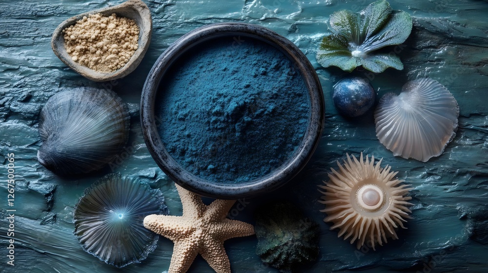 A blue bowl with blue powder and shells on a table A blue bowl with blue powder and shells on a table