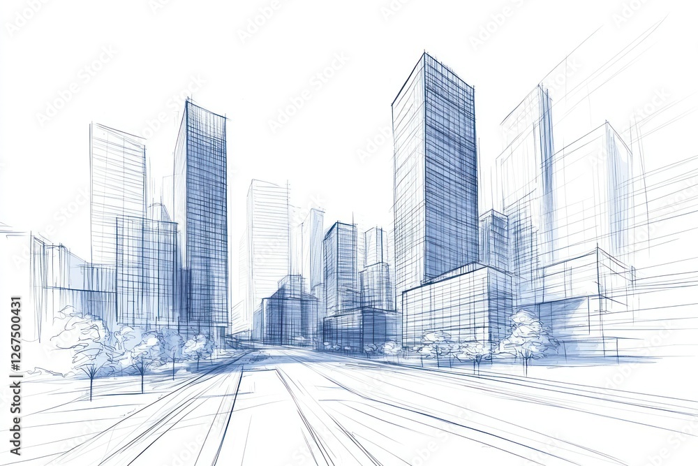 Fototapeta premium Abstract Urban Landscape Concept with Skyscrapers and Modern Buildings Sketch Art Design