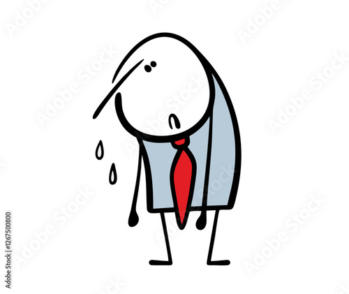 Cartoon poor wet businessman lost. Vector illustration of a business failure, a stickman caught in the rain. Isolated funny character and bad weather on white background.