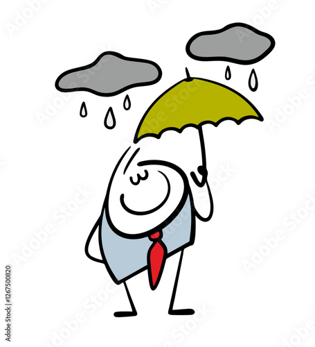 Satisfied businessman stands in the rain, holding an umbrella in his hand. Vector illustration is a reliable protection against clouds, bad weather and failures in work and business.