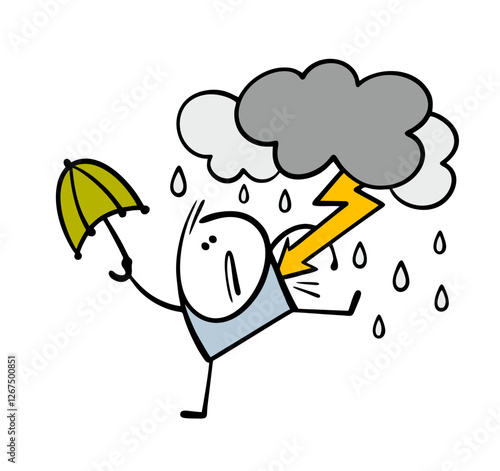 Bad weather, storms, clouds, thunderstorms and thunder. Vector illustration of lightning striking a man. Stickman with an umbrella in the rain. Isolated character on white background.