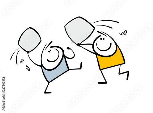 Two children are having fun playing, fighting with pillows. Vector illustration of a child's fight on a bed, a carefree childhood. Isolated cartoon character on white background.