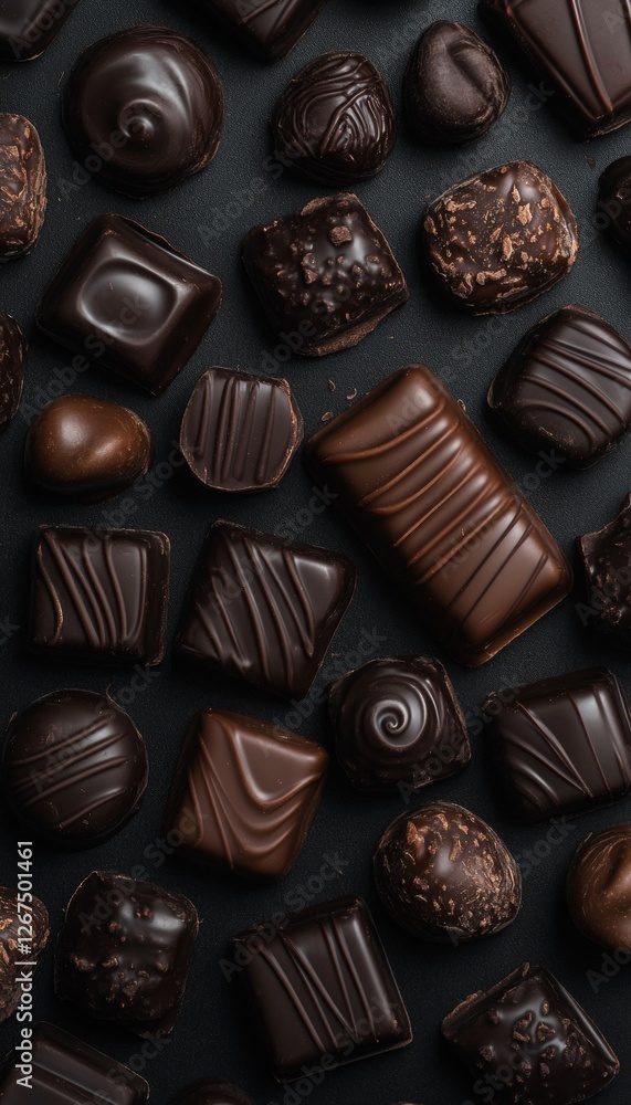 Assortment of Chocolate Candies A Delicious and Indulgent Top View Flat Lay on Black Background Assortment of Chocolate Candies A Delicious and Indulgent Top View Flat Lay on Black Background