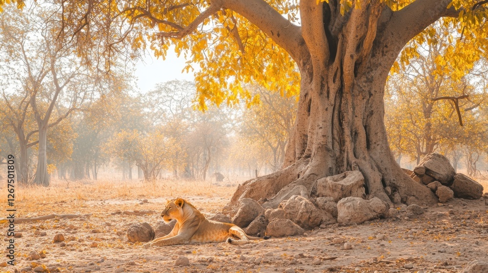 Majestic Lion Resting Beneath a Vast Tree in Golden Sunrise Light Majestic Lion Resting Beneath a Vast Tree in Golden Sunrise Light