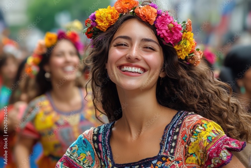 Cinco de Mayo Street Festival with Joyful People in Embroidered Dresses and Flower Crowns Dancing with Music and Laughter Cinco de Mayo Street Festival with Joyful People in Embroidered Dresses and Flower Crowns Dancing with Music and Laughter
