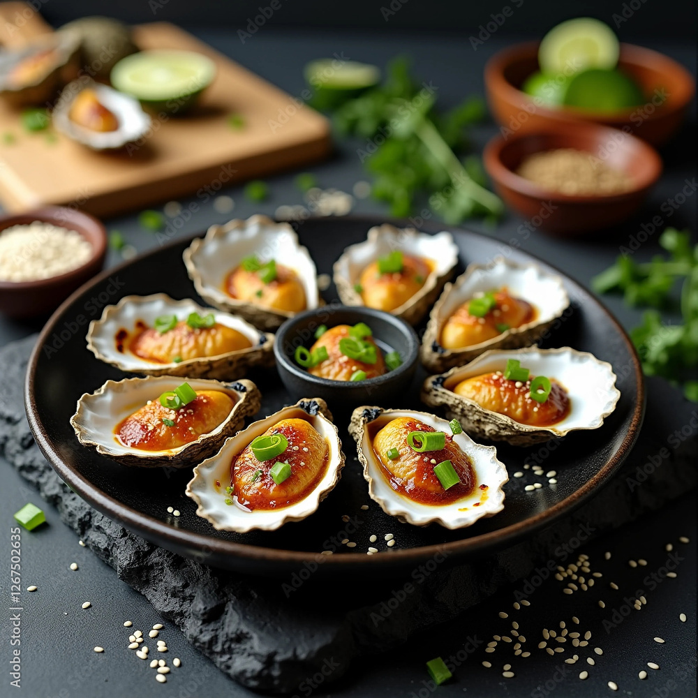 Fresh oysters topped with sauce and green onions Fresh oysters topped with sauce and green onions
