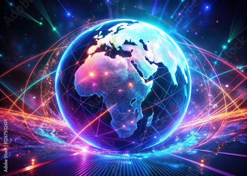 Dynamic 3D animation of a neon-drenched Earth, a futuristic sci-fi digital art masterpiece.