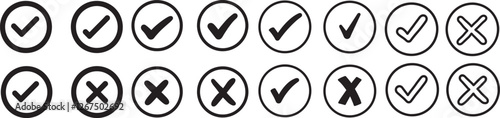 Check mark icon button set. Check box icon with right and wrong buttons and yes or no checkmark icons in green tick box and red cross.