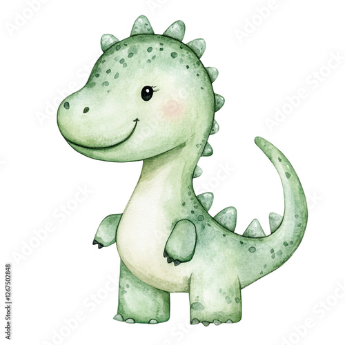 Adorable green dinosaur watercolor illustration happy friendly dino