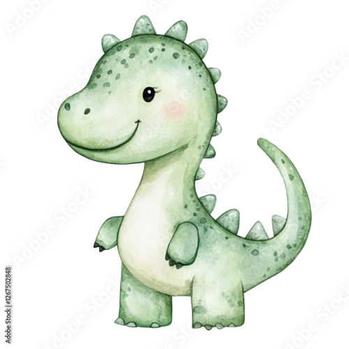 Fototapeta na wymiar Adorable green dinosaur watercolor illustration happy friendly dino