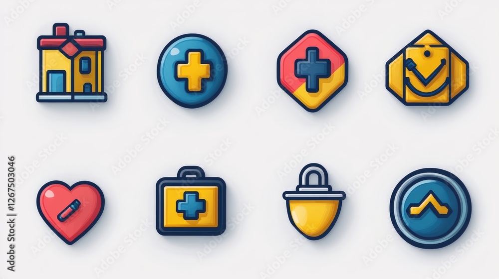 Fototapeta premium Colorful icons representing health, safety, and home care in a modern flat design layout