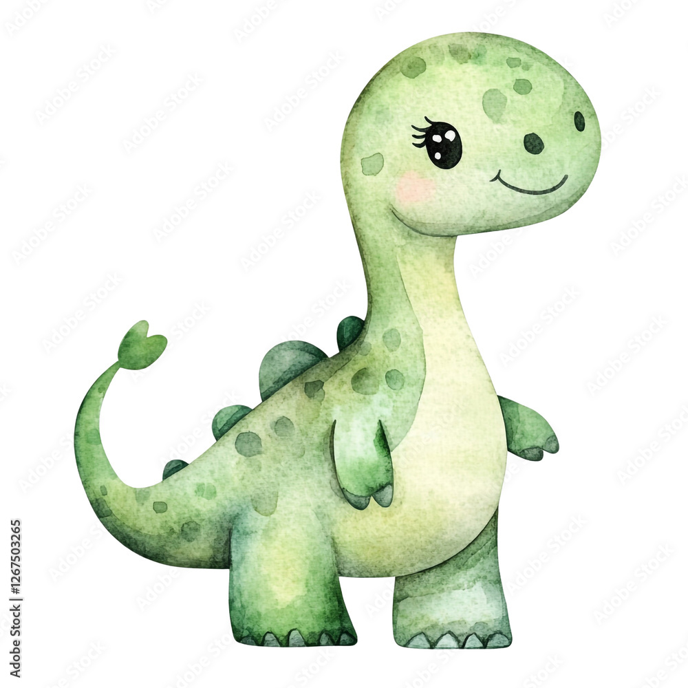 Fototapeta premium Adorable Green Dinosaur Watercolor Illustration Sweet Gentle Creature