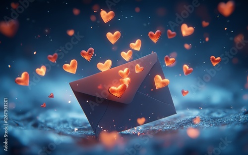 A creative lovethemed composition with an envelope releasing glowing paper hearts, subtle blue gradient background, cinematic lighting, hyperdetailed, 4K photo