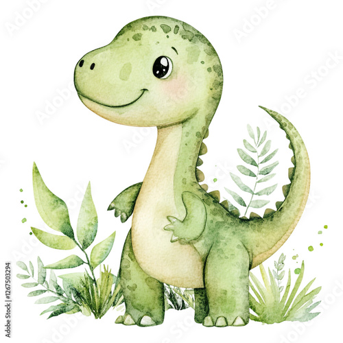 Adorable green dinosaur watercolor art happy prehistoric creature in lush foliage