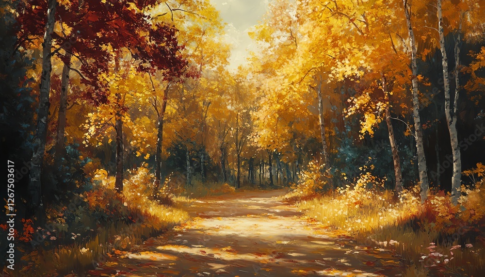Fototapeta premium A handpainted Impressionist landscape featuring vibrant autumn trees