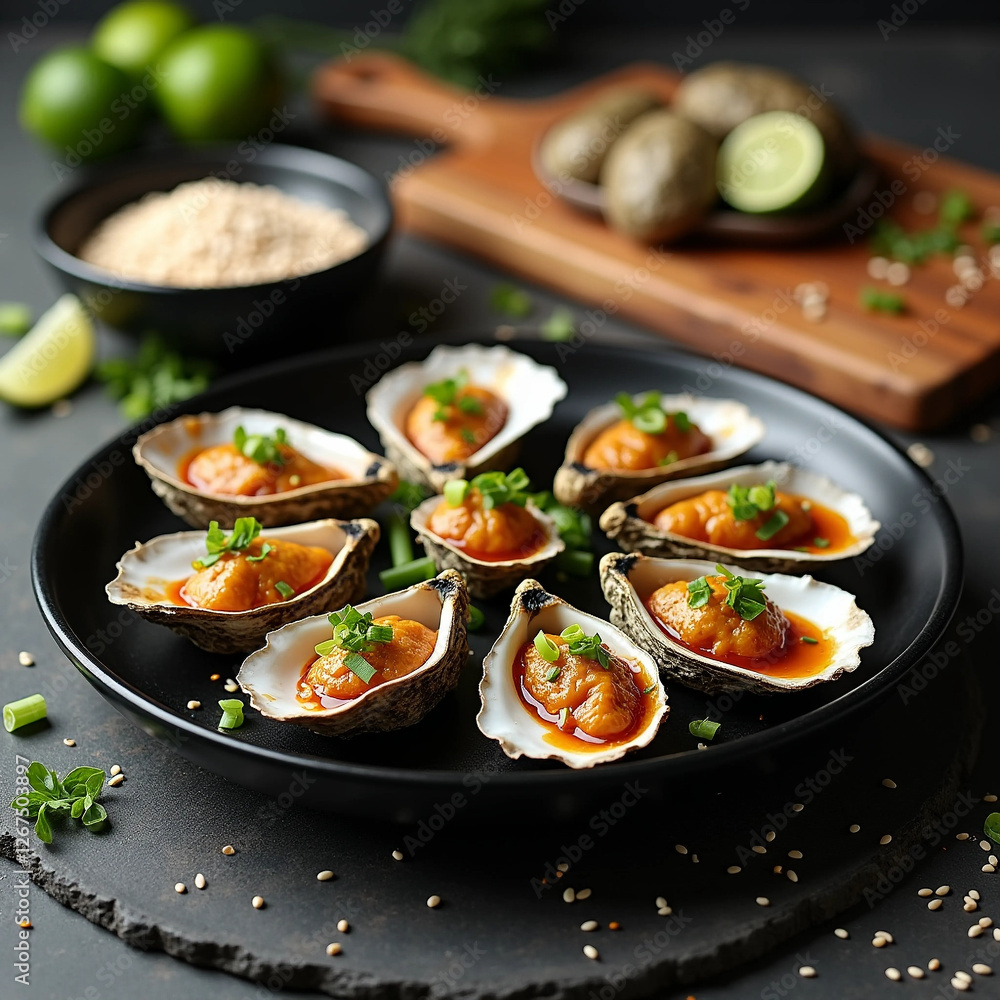 Fresh oysters topped with sauce and green onions