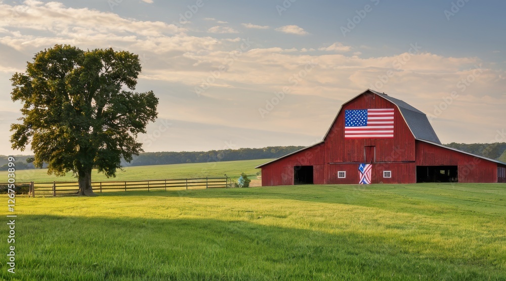 Sunrise over a Red Barn with American Flag in a Green Field Sunrise over a Red Barn with American Flag in a Green Field