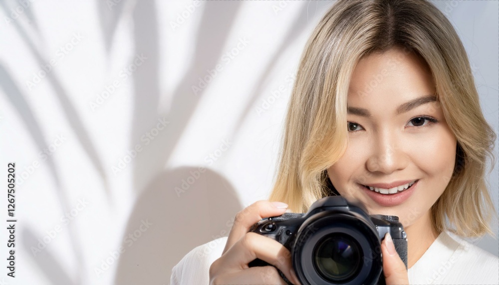 一眼レフカメラを持つ女性 一眼レフカメラを持つ女性