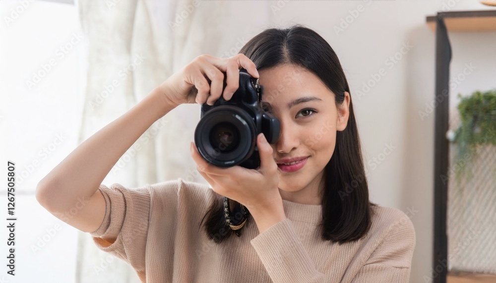 一眼レフカメラを持つ女性 一眼レフカメラを持つ女性