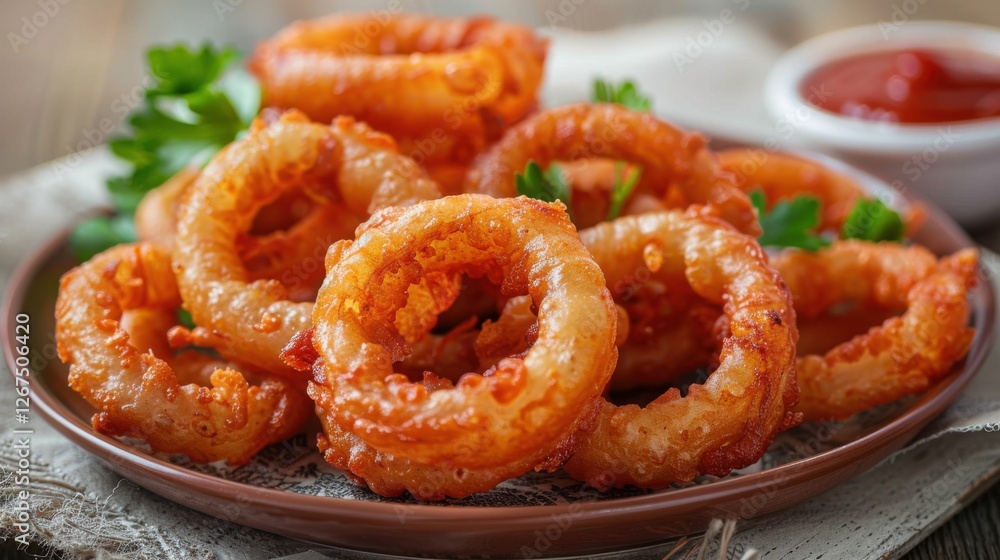 Plate of onion rings on a wooden table, white background Plate of onion rings on a wooden table, white background