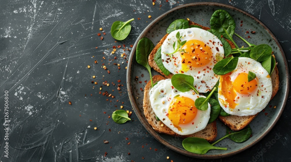 Poached eggs on whole grain toast with spinach on a dark textured table, flat lay Poached eggs on whole grain toast with spinach on a dark textured table, flat lay