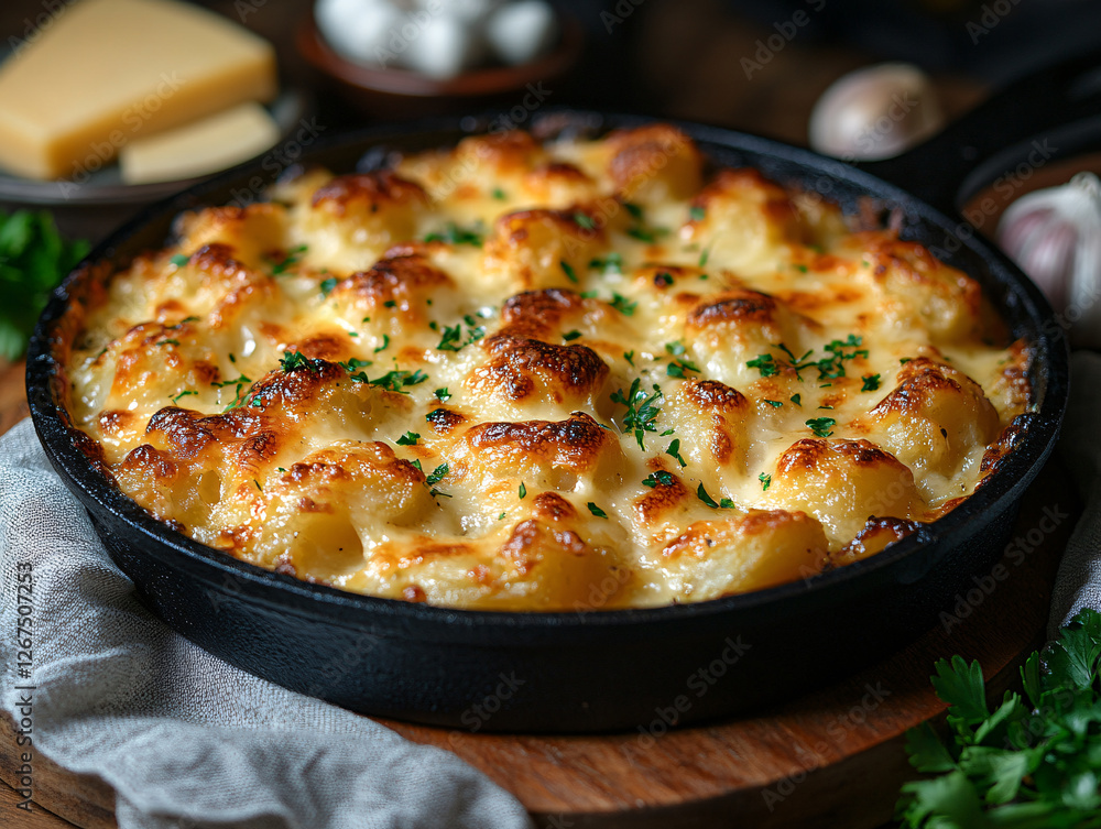 a roasted dish with sautéed potatoes topped with melted cheese and chopped parsley in a skillet. Surrounding the skillet are ingredients like parsley, garlic cloves, and a block of che a roasted dish with sautéed potatoes topped with melted cheese and chopped parsley in a skillet. Surrounding the skillet are ingredients like parsley, garlic cloves, and a block of che