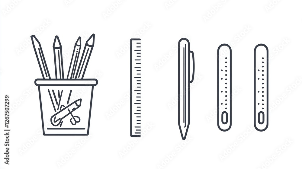 Simple stationery items, pencils, pens, ruler.  Graphic illustration for educational use