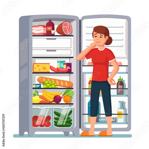 Woman opened the refrigerator door, thinks what food to choose. Modern flat style thin line vector illustration isolated on white background